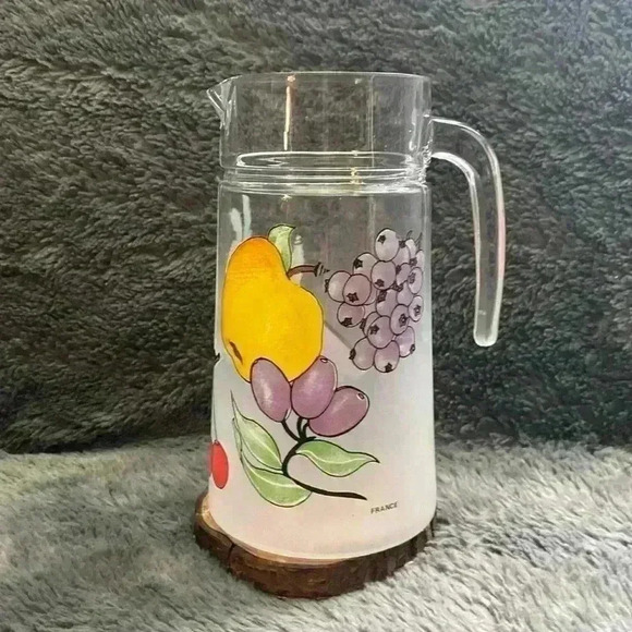 Vintage 80s Fruit Pattern Frosted Glass  Pitcher Dartington France - Picture 1 of 16